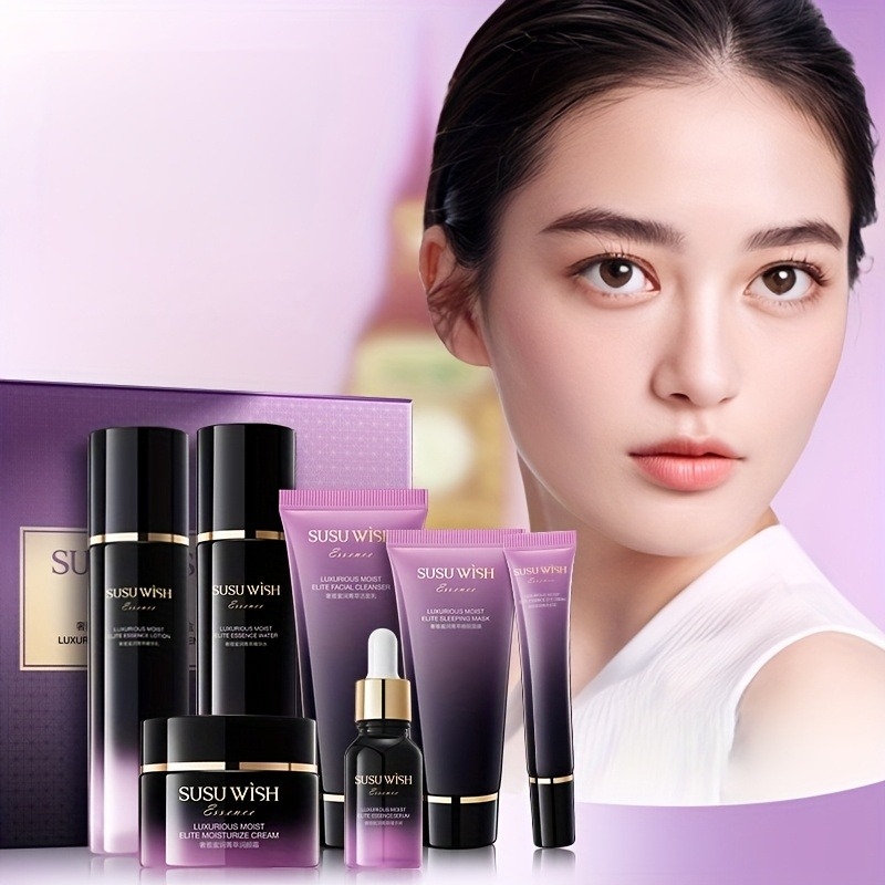 Luxury Skincare Serum - 贅沢で上品な9点保湿エッセンスセット、クレンジングミルク、エッセンスウォーター、エッセンスローション、エッセンスセラム、保湿クリーム、アイクリーム、スリーピングマスクを含む、ナイアシンアミド、ツボクサエキスなどの成分配合、毎日のフェイシャルスキンケア、アルコールフリー処方、繊細なテクスチャー、優しく低刺激、吸収しやすい、肌に深く潤いを与え、絶妙なパッケージ、ギフトにもおすすめ。