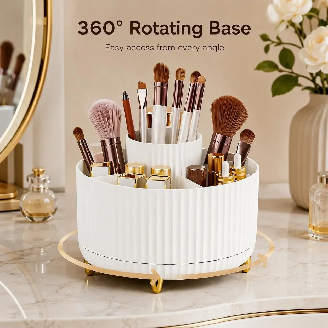 360度回転式メイクアップオーガナイザー 高級ストライプコス - Luxury Skincare Display のレビューと価格